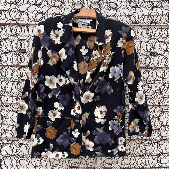 Vintage 80s 90s Lighthouse Point navy floral boxy two button blazer SMALL - Picture 1 of 5